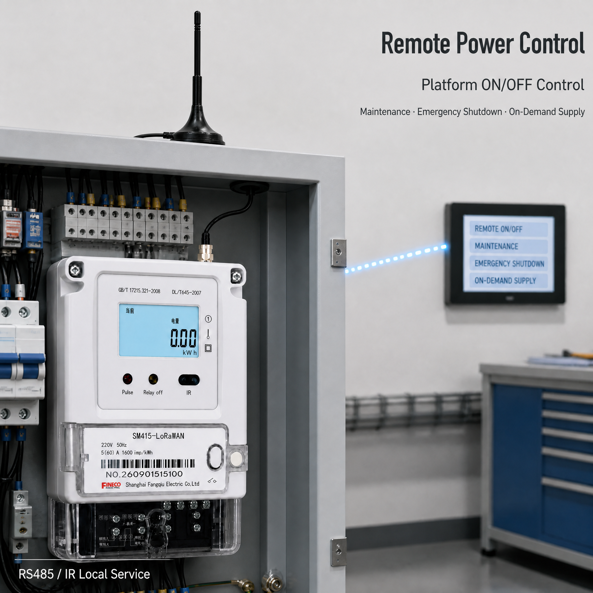 SM415 LoRaWAN Single Phase Energy Meter 220V 5(60)A, Remote Relay On/Off, Wireless Meter Reading, Overload Trip, RS485 Modbus DL/T64