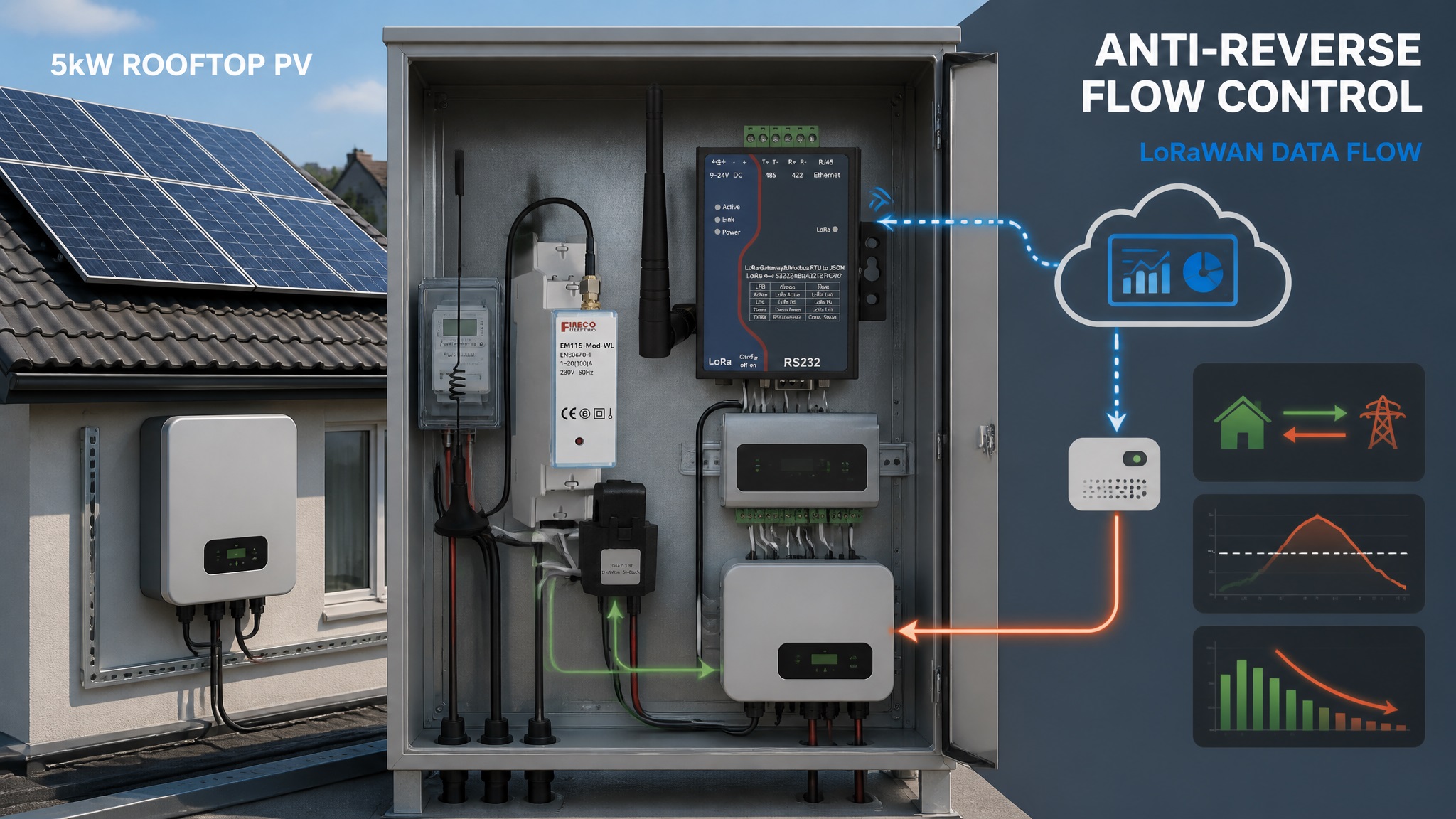 EM115-Mod-WL Single Phase LoRa&LoRaWAN Energy Meter 230V 100A DIN Rail Bi-Directional KWh Meter for Solar PV Anti-Reverse Flow