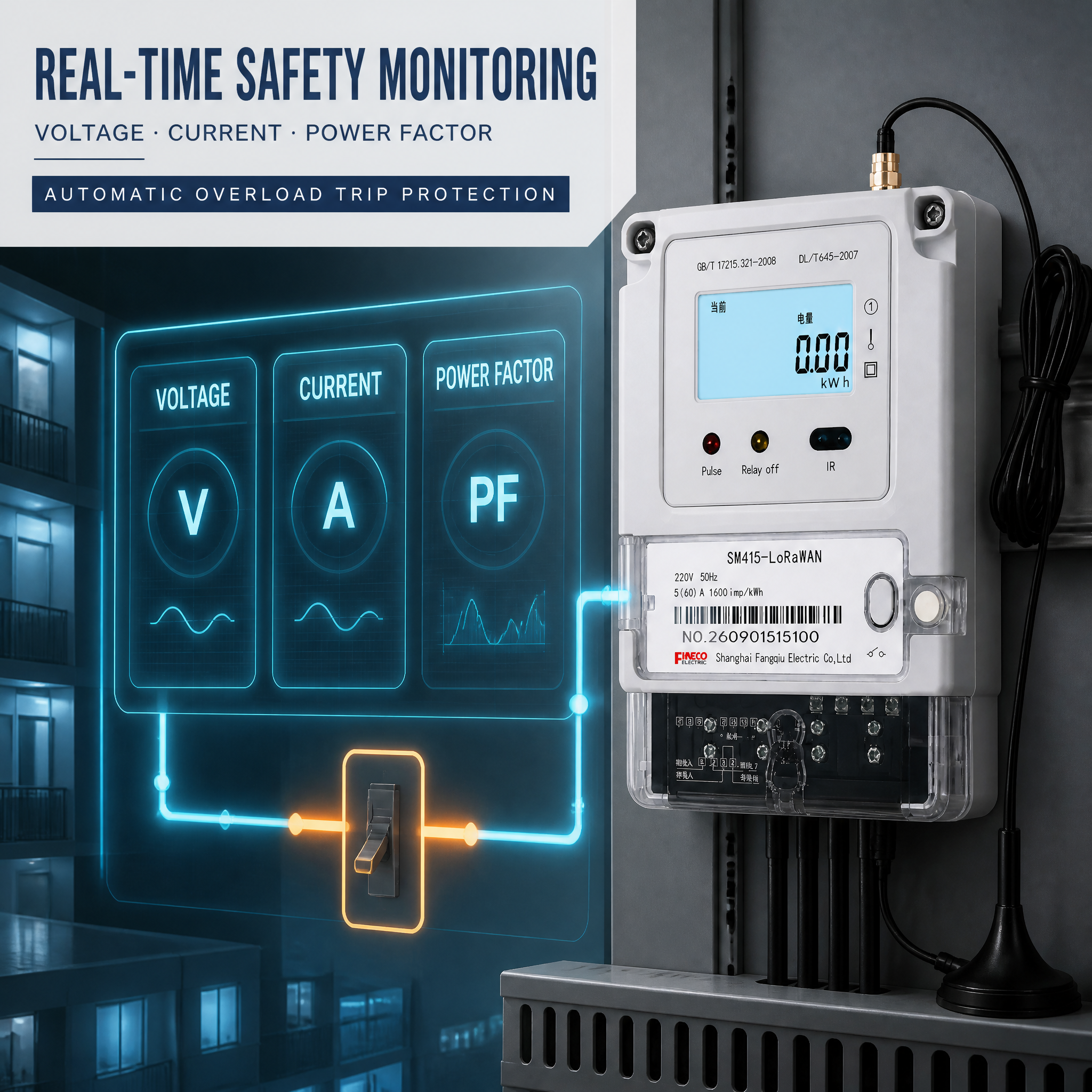 SM415 LoRaWAN Single Phase Energy Meter 220V 5(60)A, Remote Relay On/Off, Wireless Meter Reading, Overload Trip, RS485 Modbus DL/T64