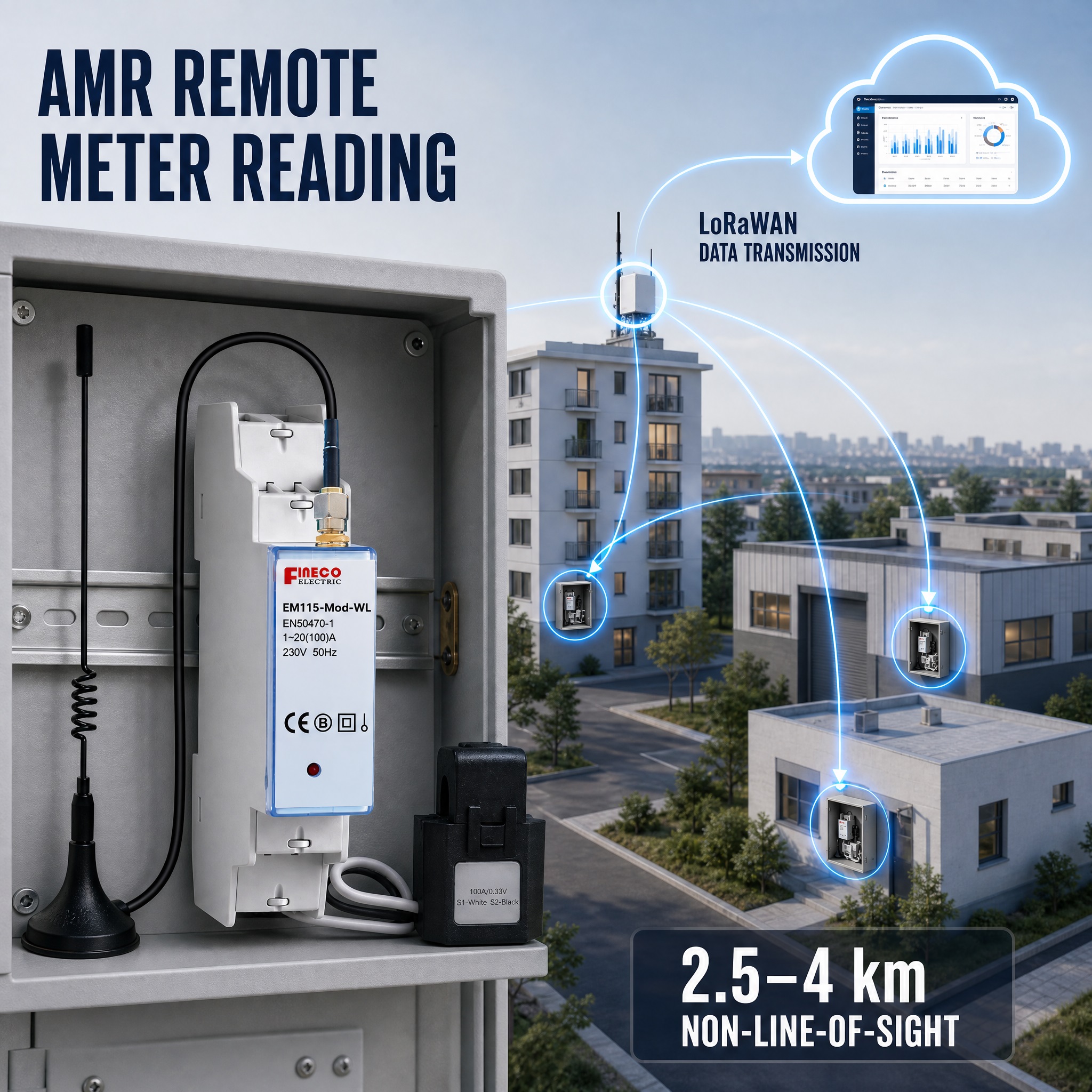 EM115-Mod-WL Single Phase LoRa&LoRaWAN Energy Meter 230V 100A DIN Rail Bi-Directional KWh Meter for Solar PV Anti-Reverse Flow
