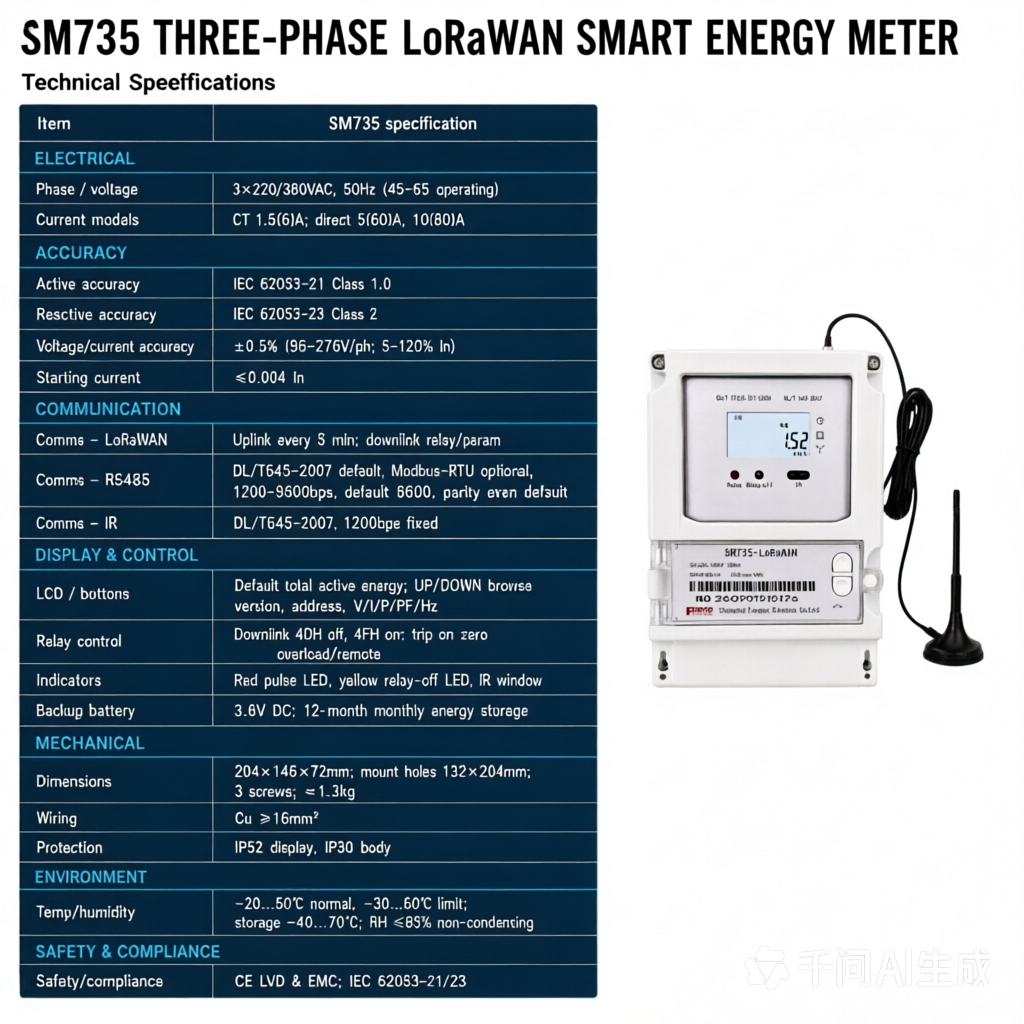 SM735 Three-Phase LoRaWAN Smart Energy Meter, Class 1.0, 3×220/380V, Platform Remote Open/Close Relay, 5-Min Uplink, RS485 DL/T645 Modbus, LCD
