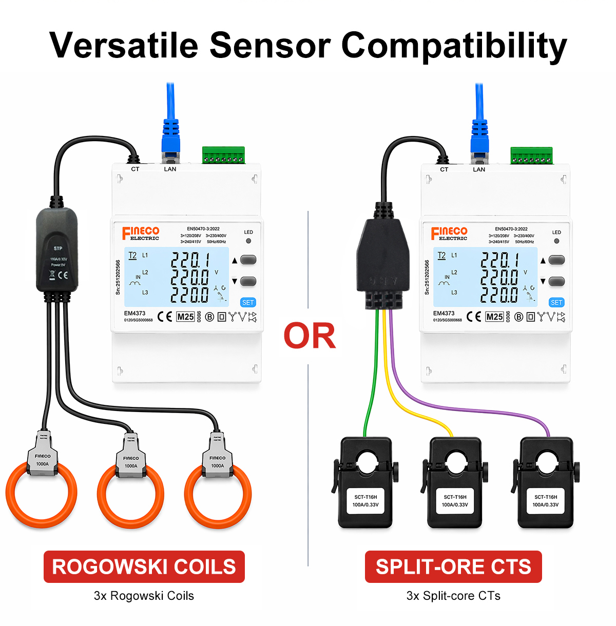 EM4373-Ethernet Three Phase Ethernet Smart Energy Meter RJ45 Modbus TCP 0.33V 333mV CT Input for DCIM Solar EV Charger