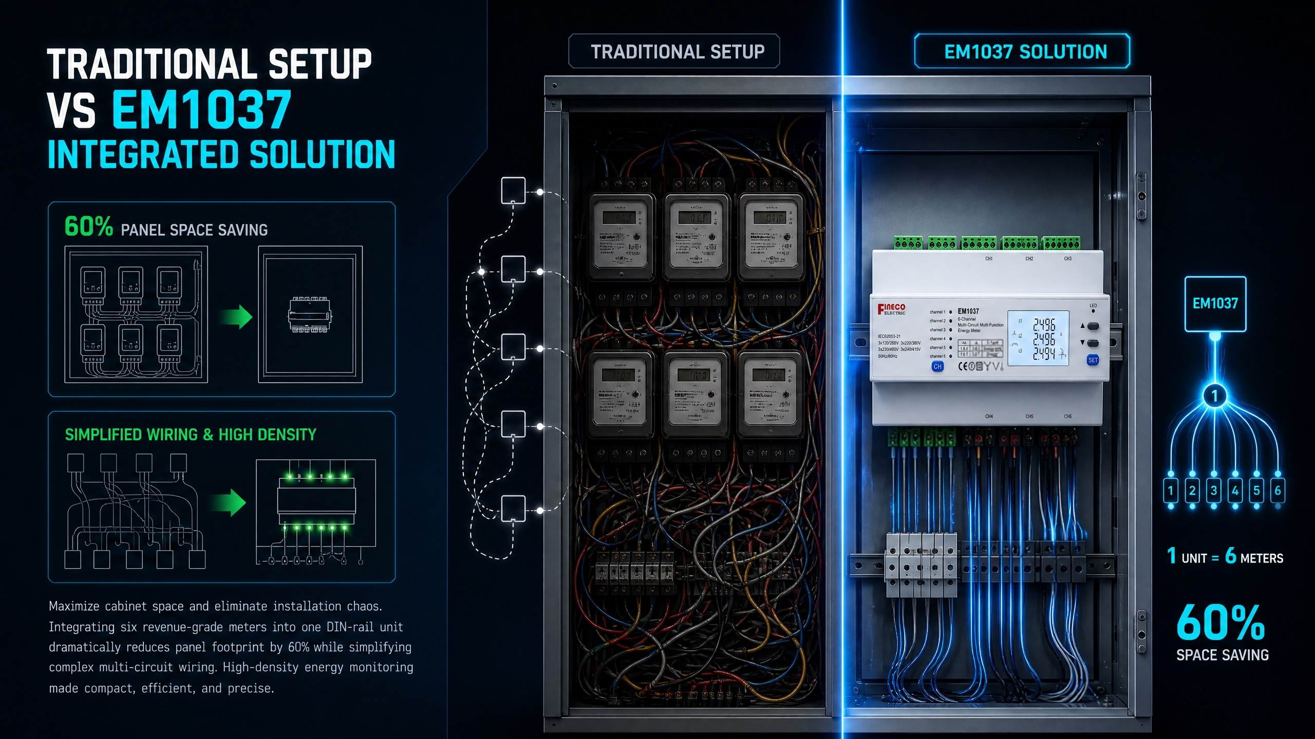 EM1037 6-Channel Three Phase Multi-circuit Multi-Function Energy Meter DIN Rail 0.5S Sub-Metering Modbus TCP/IP Ethernet 18 Single Phase KWH Meter