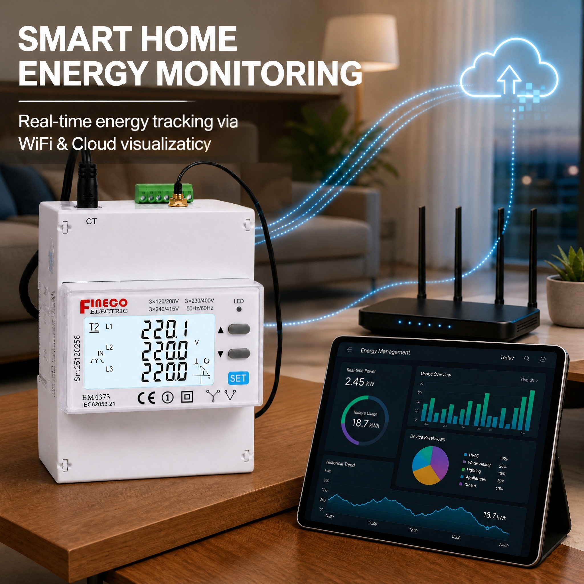 EM4373-WiFi 3*120/230/240...400V 100A/0.33V-RJ45 Three Phase WiFi Electricity Meter WiFi Energy Meter Monitor Consumption